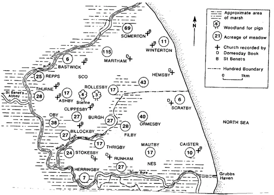 Map of the Flegg villages showing Domesday Book churches, meadow and woodland